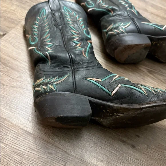 Lucchese Black and Turquoise Snip Toe Western Cowboy Boots Size 7 - Picture 5 of 16